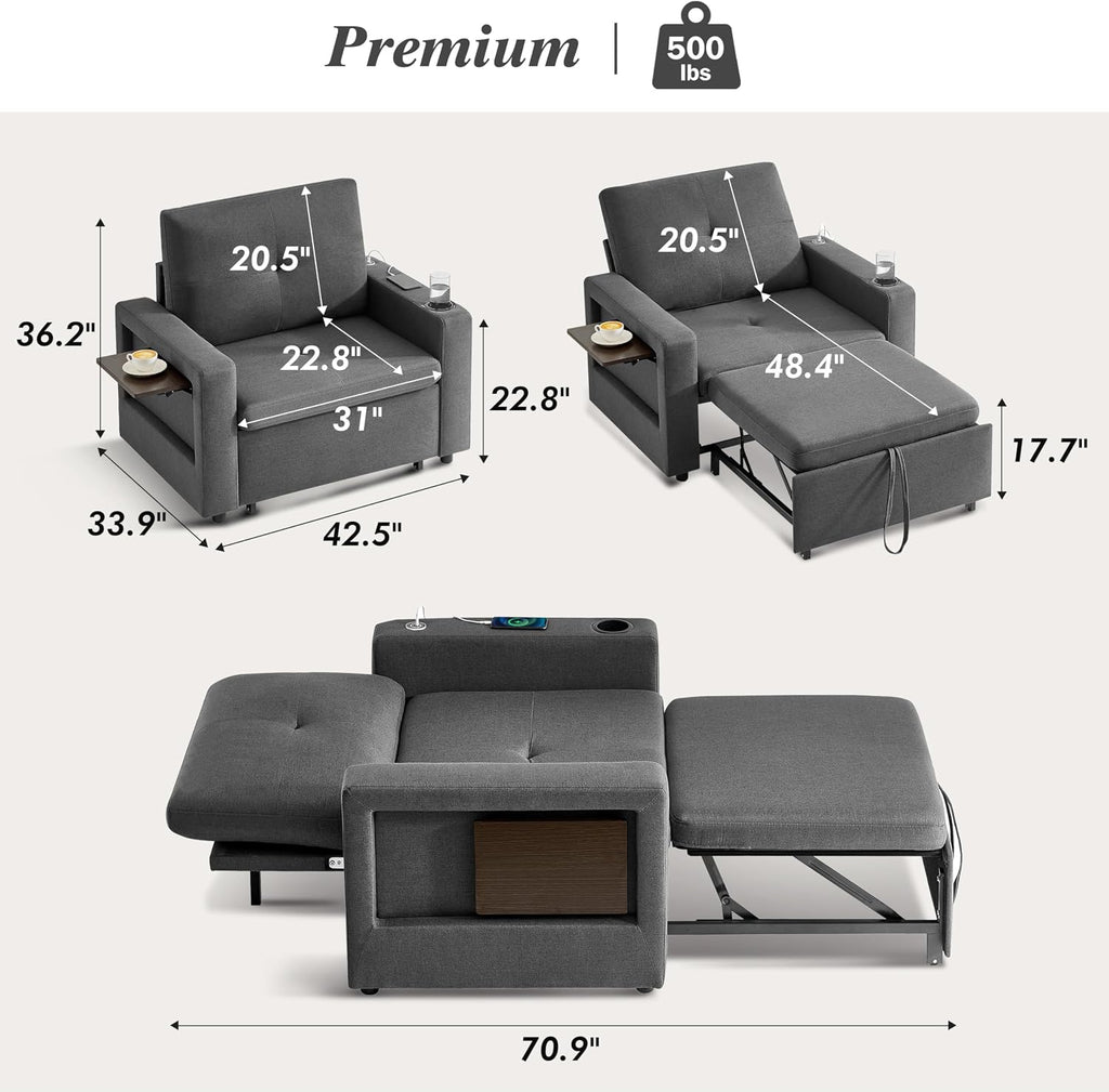 WEUP 42.5' Sleeper Chair Bed, 3-in-1 Convertible Reclining Sofa Chair with Pull Out Couch Bed, Adjustable Backrest, Side Pockets, Cup Holder, USB Ports & Wing Table, Premium Dark Gray