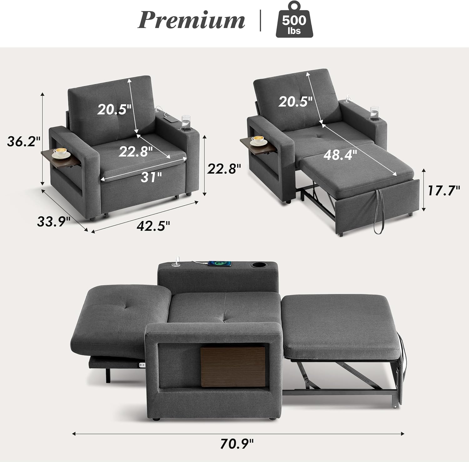 WEUP 42.5' Sleeper Chair Bed, 3-in-1 Convertible Reclining Sofa Chair with Pull Out Couch Bed, Adjustable Backrest, Side Pockets, Cup Holder, USB Ports & Wing Table, Premium Dark Gray