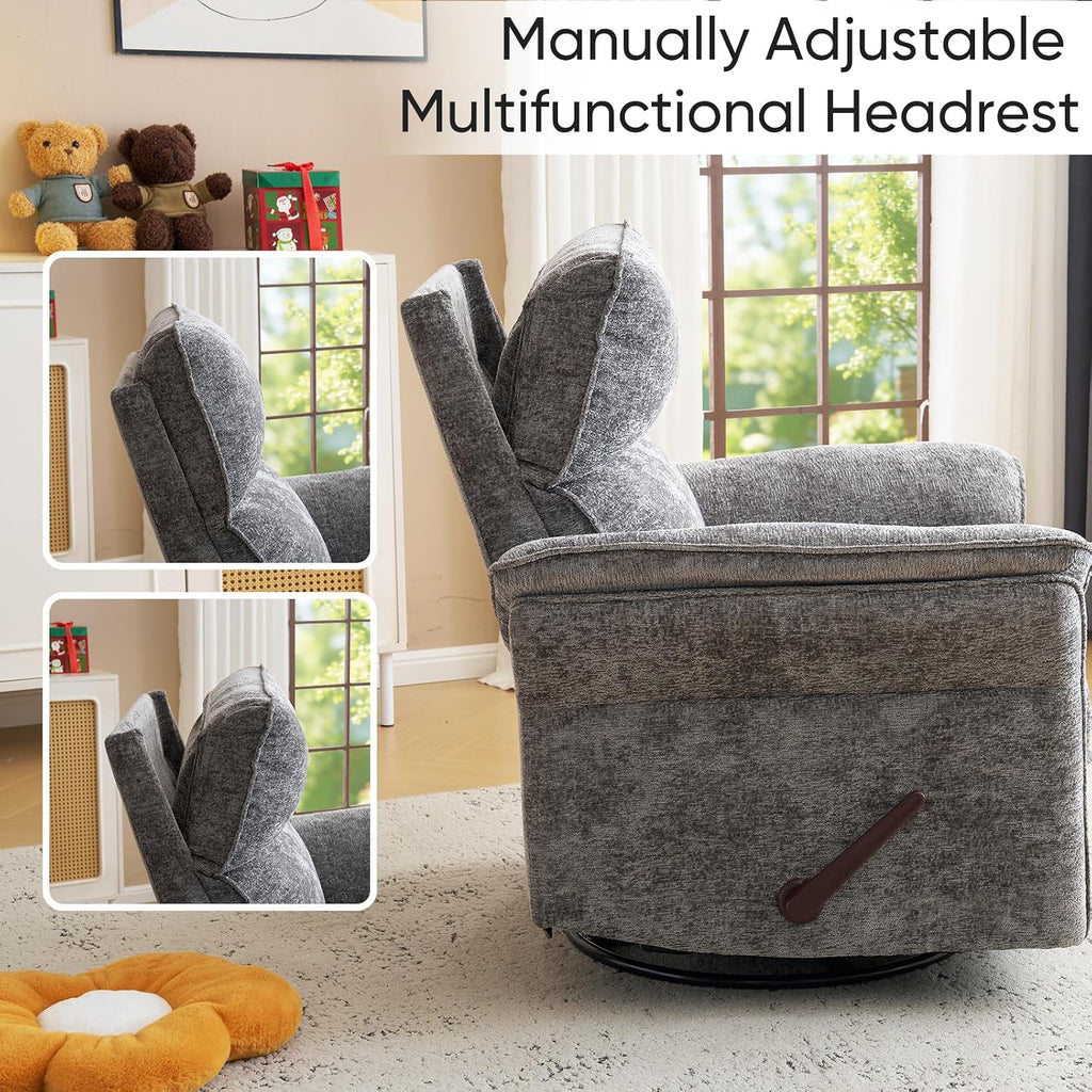 Rocking Chair Nursery with Adjustable Headrest,Manual Swivel Rocker Recliner Nursery Chair with Overstuffed Armrest,Glider Rocker Recliner for Living Room & Bedroom,Grey