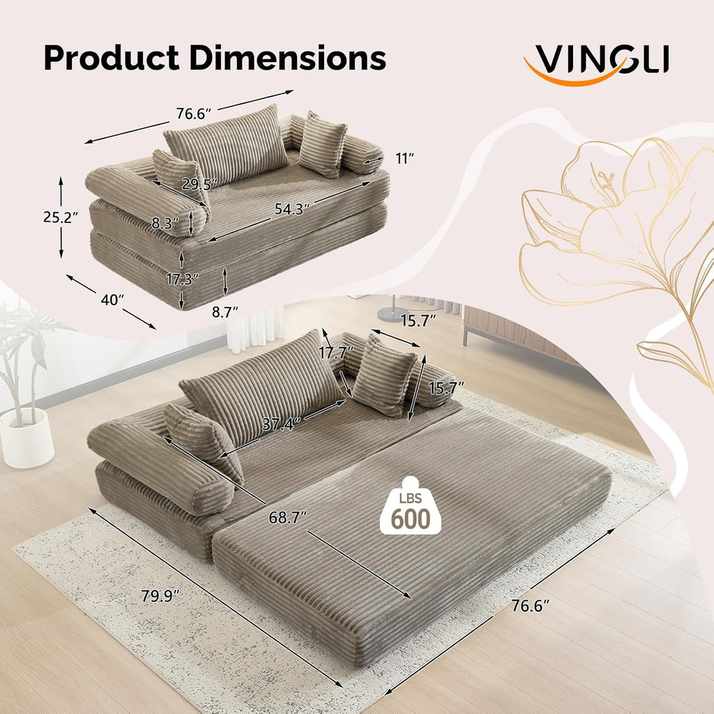 VINGLI Convertible Futon Sofa Bed, Upholstered Corduroy Boneless Couch King Size Floor Loveseat Sleeper Sofa with 2-in-1 Throw Pillow & Blanket Couches for Living Room, Bedroom, Lounge, Gray