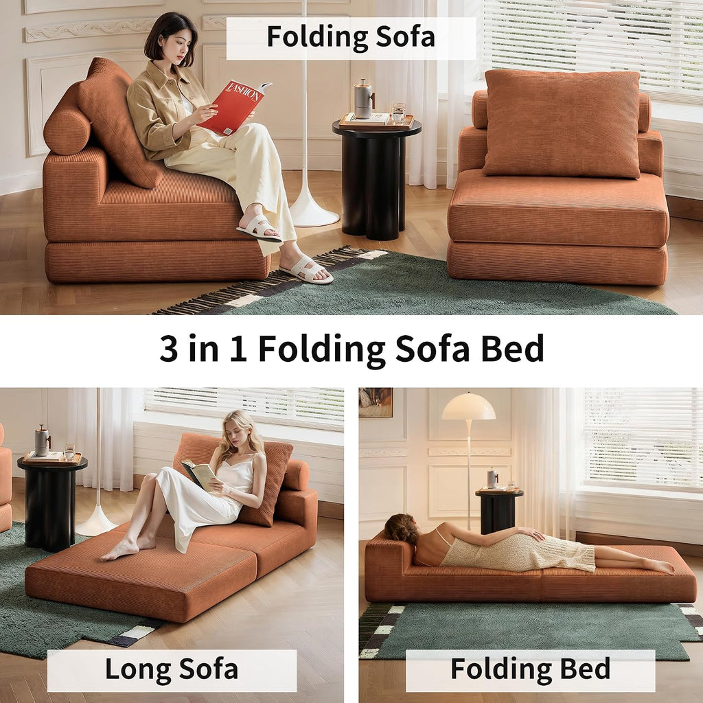 Folding Sofa Bed, 3-in-1 Convertible Sleeper Chair Bed with Pillows, Foldable Floor Couch with High-Density Foam, Futon Small Boneless Couch for Living Room Bedroom Lounge, Single, Brown