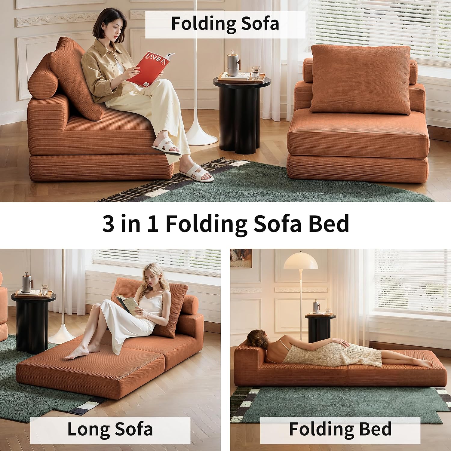 Folding Sofa Bed, 3-in-1 Convertible Sleeper Chair Bed with Pillows, Foldable Floor Couch with High-Density Foam, Futon Small Boneless Couch for Living Room Bedroom Lounge, Single, Brown