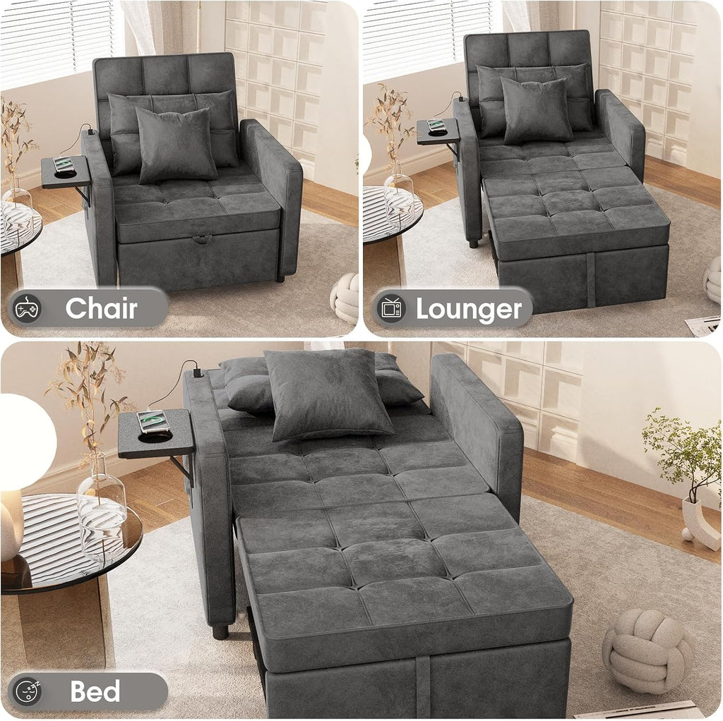 Vabches Sofa Bed Chair 3-in-1 Convertible, Sofa Bed Couches with Wing Table and USB Ports Outlet, Velvet Sleeper Chair with Adjustable Backrest and Two Pillows, Easy Assembly, Dark Grey