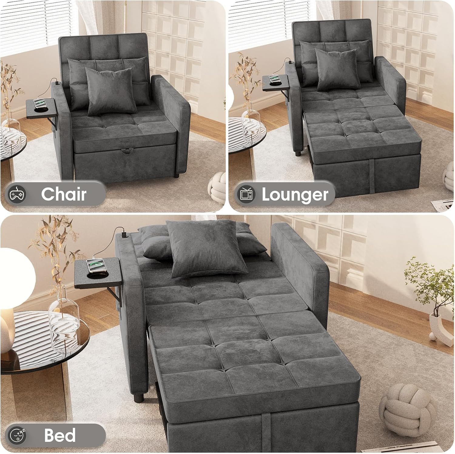 Vabches Sofa Bed Chair 3-in-1 Convertible, Sofa Bed Couches with Wing Table and USB Ports Outlet, Velvet Sleeper Chair with Adjustable Backrest and Two Pillows, Easy Assembly, Dark Grey