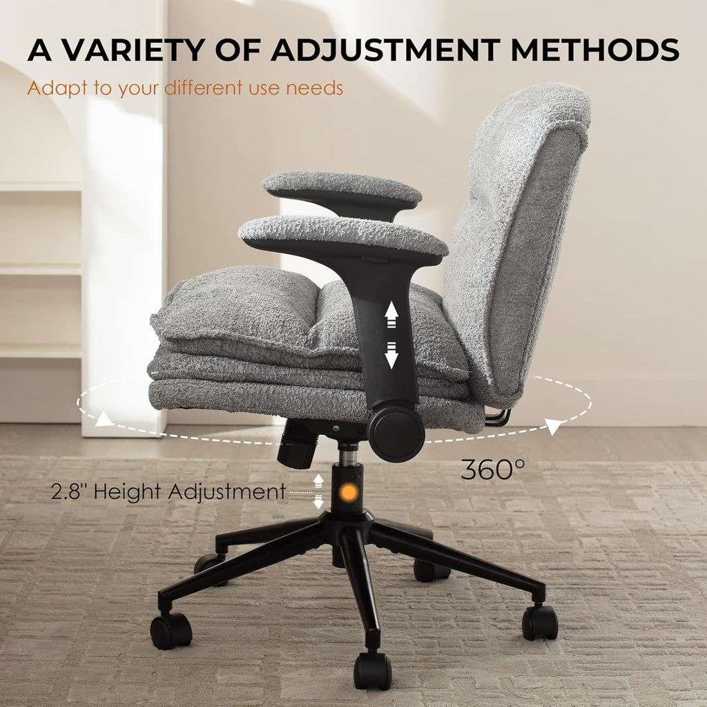 Dowinx Criss Cross Chair with Adjustable Flip-up Arms and Wheels, Comfort Ergonomic Office Desk Armchair with 3 Layer Cushions, Wide Seat Vanity Chair for Home Office, Living Room, Bedroom, Gray