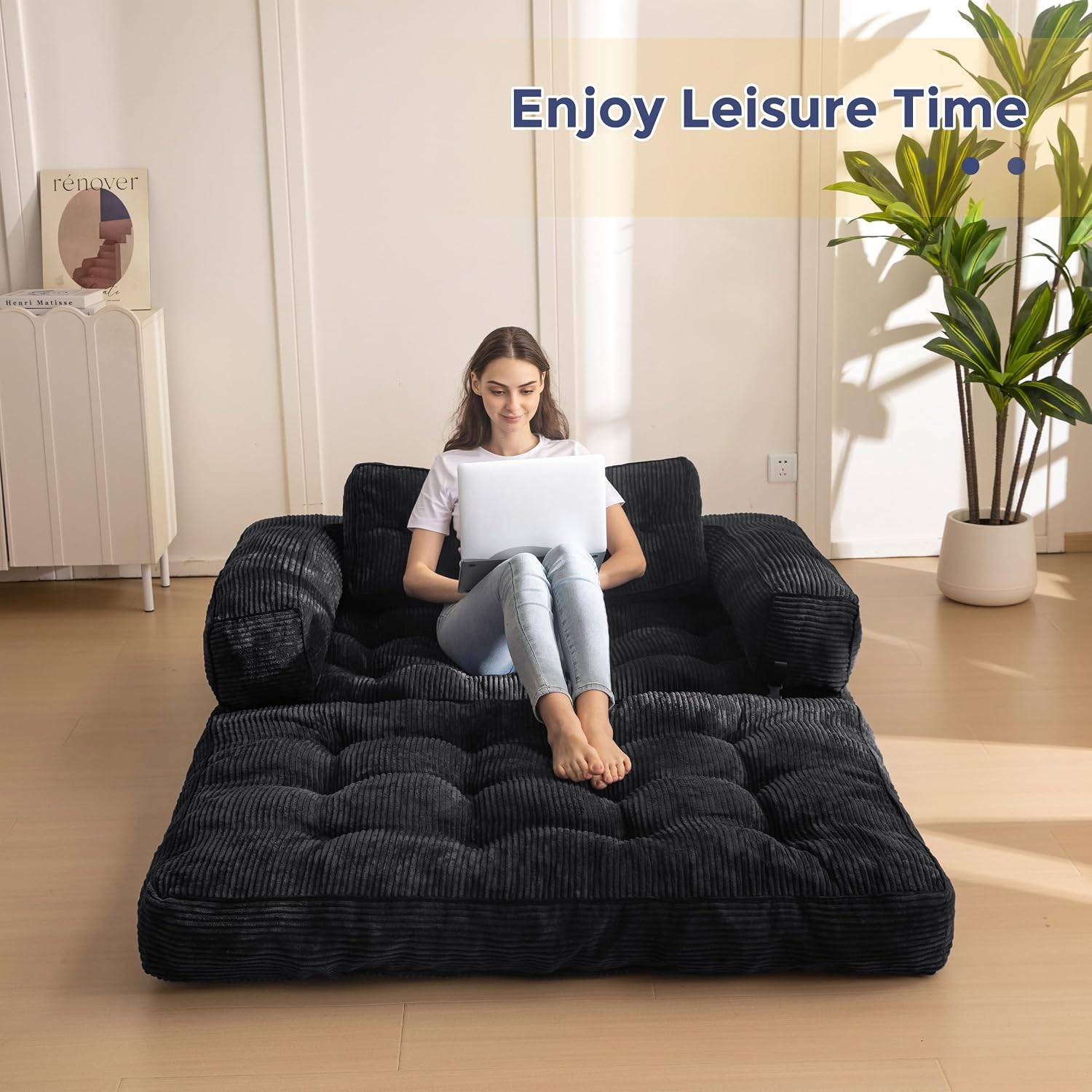 MAXYOYO Folding Sofa Bed, L-Shaped Convertible Sofa Bed with Armrest Foldable Sleeper Couch with Pillow, Portable Fold Out Chair Comfy Floor Couch Lounge for Living Room Bedroom, Black, Double