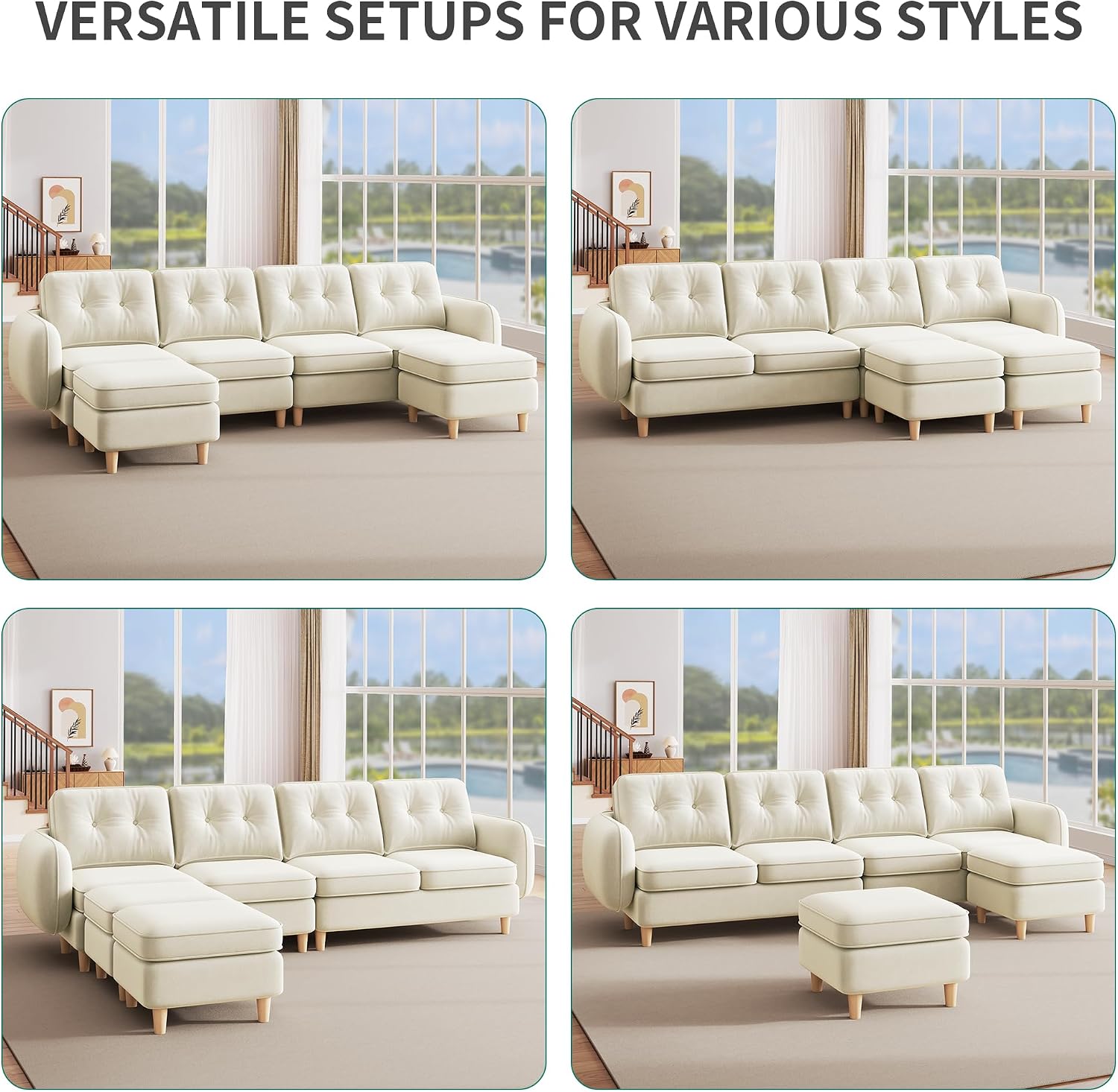 YITAHOME 108' Convertible U-Shaped Couch, 6-Seat Modular Sectional Sofa with Curved Armrests and 4 Pillows, High-Density Memory Foam for Living Room