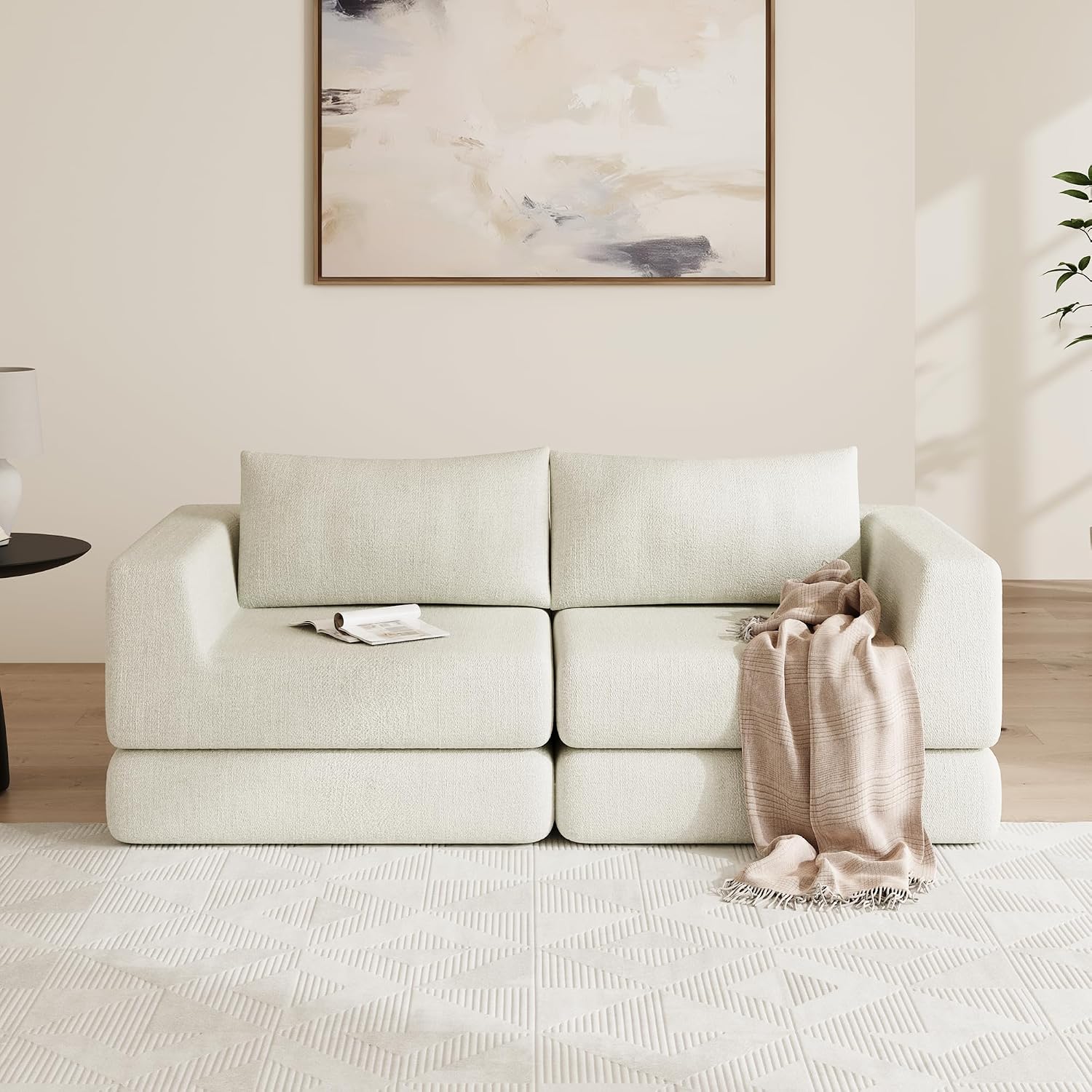 Chenille Convertible Futon Sofa Bed – Folding Iron Frame Sleeper Couch with Adjustable Backrest, Loveseat Recliner for Living Room, Apartment,(Beige)