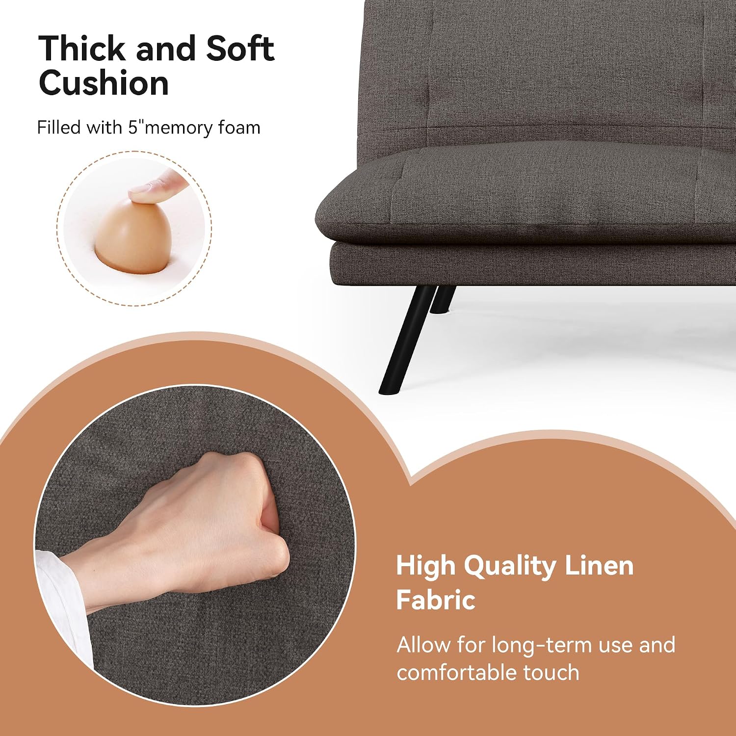 Futon Sofa Bed Convertible Couch, Grey Linen Sofa Bed with Adjustable Backrest, Multifunctional Small Loveseat Sleeper Sofa for Living Room, Apartment, Office