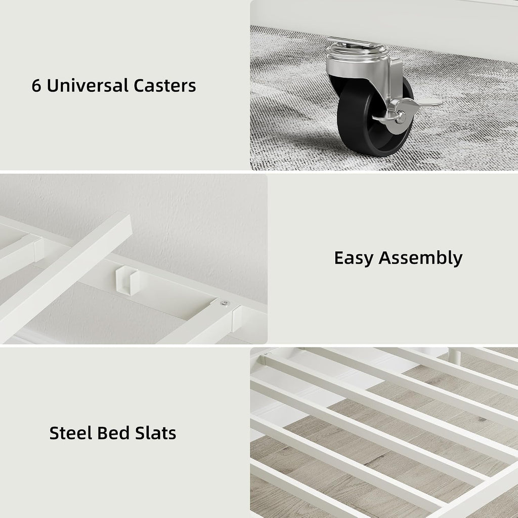 IDEALHOUSE Twin Daybed with Trundle, Metal Trundle Bed, Sofa Bed Frame, Heavy Duty Metal Slats, for Living Room, Bedroom, Guest Room, Space Saving, Modern White