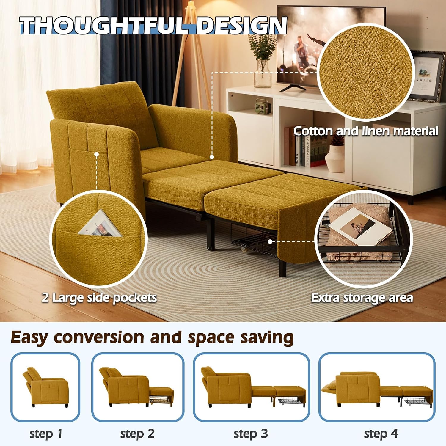 ZZW Sleeper Chair 84' Extra Long Convertible Chair Bed Upgraded 3-in-1 to 4-in-1 Pull Out Chair & Single Sofa Bed for Adult Sleeping Chairs for Living Room & Small Space