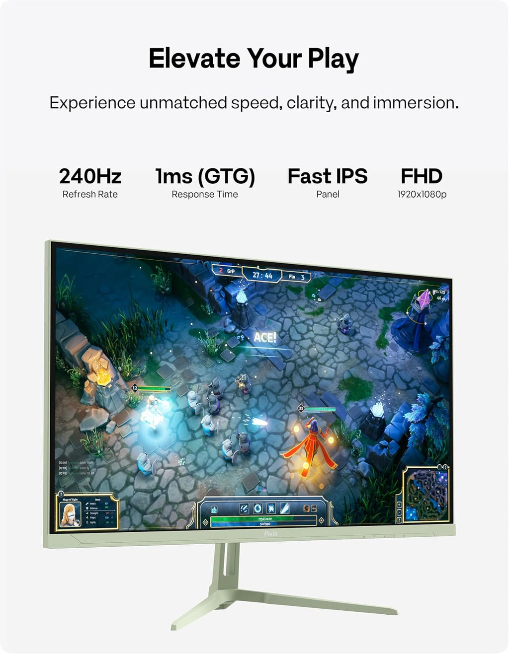 Pixio PX279 Wave Mint Green 27 inch 240Hz Refresh Rate FHD 1080p Resolution Fast IPS Panel 1ms GTG Resonse Time Gaming Monitor and PS1S Wave Mint Green Single Monitor Arm