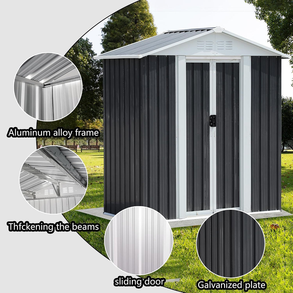 KEIKI 5x3FT Outdoor Storage Shed, Heavy-Duty Metal Storage Shed with Floor & Lockable Sliding Doors, Waterproof Tool Sheds for Garden, Backyard, Patio, Lawn