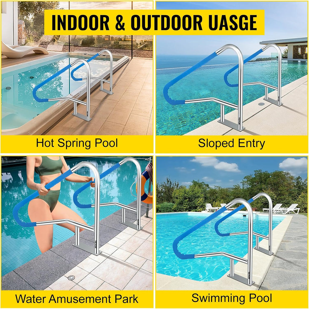 VEVOR Pool Rail 55x32 Pool Railing 304 Stainless Steel 250LBS Load Capacity Silver Rustproof Pool Handrail Humanized Swimming Pool Handrail with Blue Grip Cover & M8 Drill Bit & Self-Taping Screws
