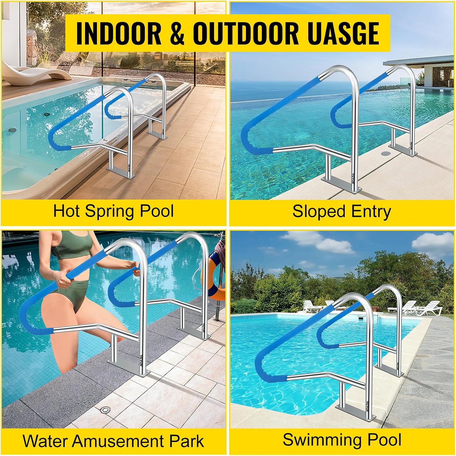 VEVOR Pool Rail 55x32 Pool Railing 304 Stainless Steel 250LBS Load Capacity Silver Rustproof Pool Handrail Humanized Swimming Pool Handrail with Blue Grip Cover & M8 Drill Bit & Self-Taping Screws