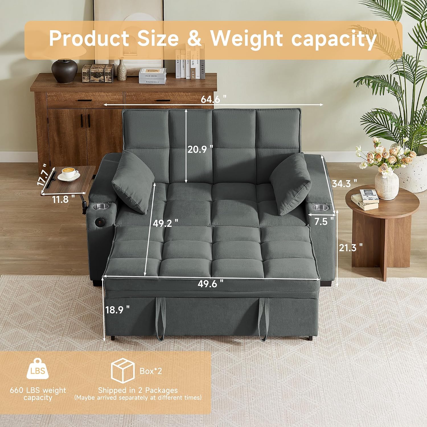 Auvsoce 65' Sleeper Sofa Bed Loveseat, Convertible Couch for Living Room, RV Sofa with Adjustable Backrest, Chaise Lounge, Side Table, USB & Type-C Ports