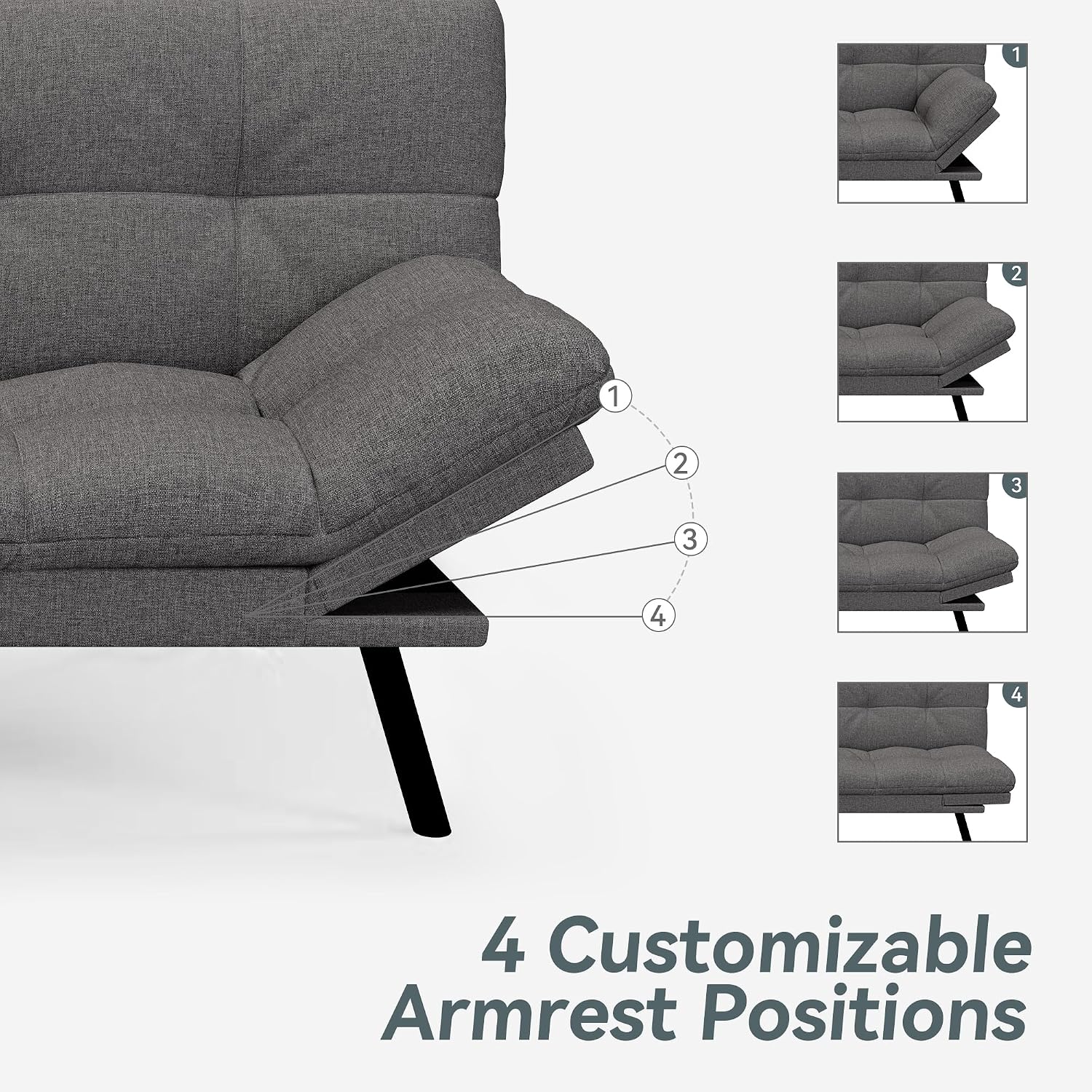 Futon Sofa Bed Convertible Couch, Grey Linen Sofa Bed with Memory Foam, Adjustable Backrest & Armrests, Multifunctional Small Loveseat Sleeper Sofa for Living Room, Apartment, Office