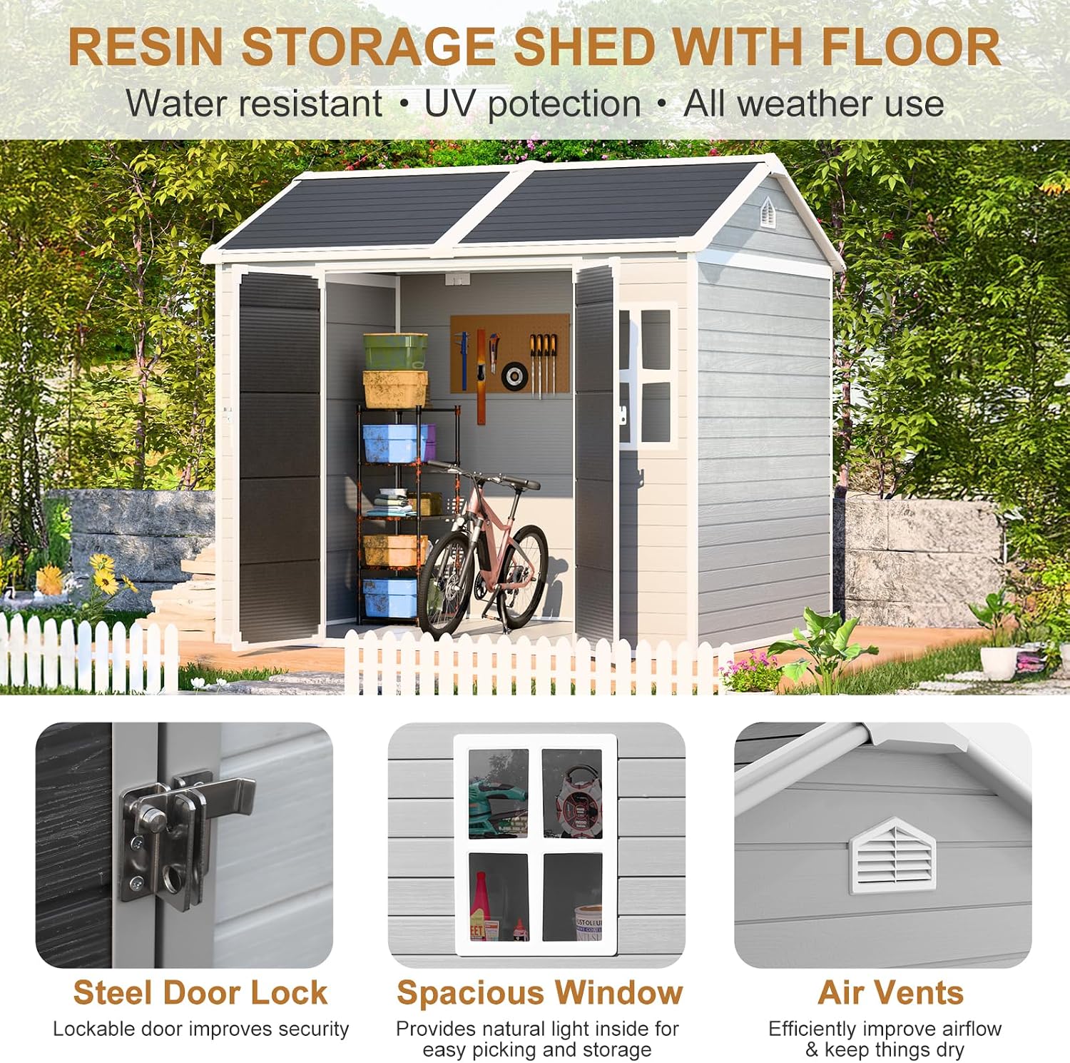 Outdoor Resin Storage Shed 8x6x7 FT with Floor 2 Windows, Reinforced Frame Large Waterproof Plastic Garden Sheds Kit with Base for Backyard Patio Lawn Tools Storage, Gray