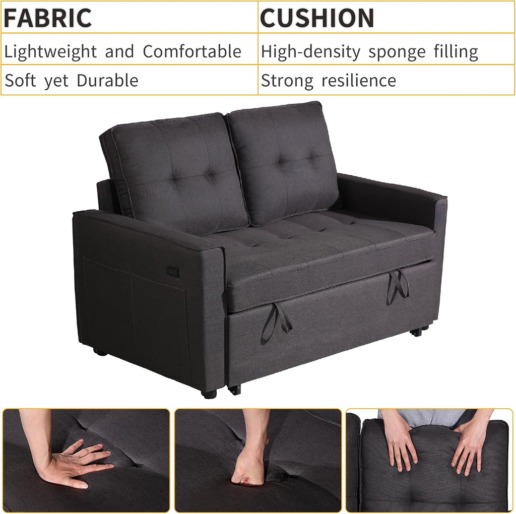 EJUNQ Pull Out Couch, Convertible Sofa Bed with USB and Reclining Backrest, Modern 3 in 1 Sleeper Sofa Couch Bed with Side Pockets, Comfortable Loveseat Sleeper for Small Spaces.(Dark Grey)