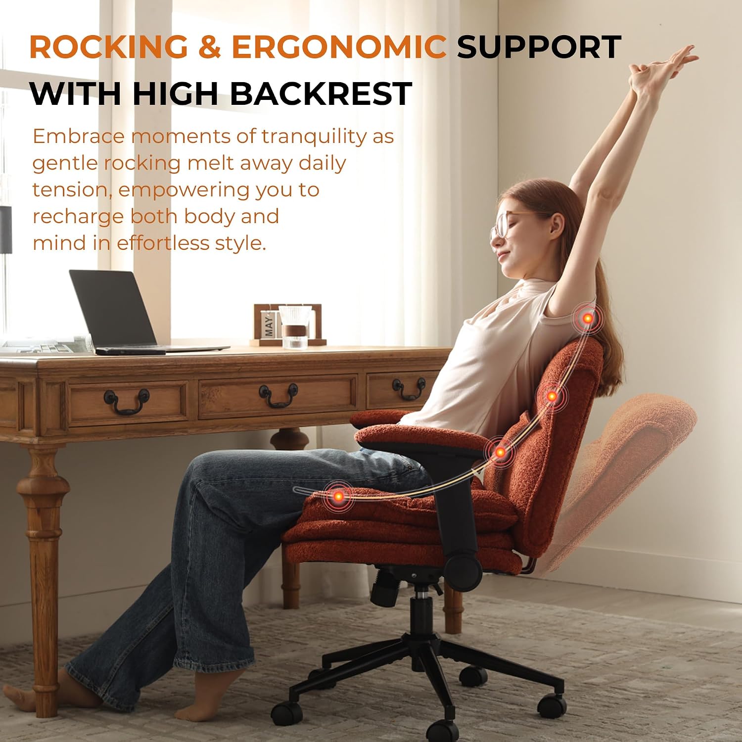 Dowinx Criss Cross Chair with Adjustable Flip-up Arms and Wheels, Comfort Ergonomic Office Desk Armchair with 3 Layer Cushions, Wide Seat Vanity Chair for Home Office, Living Room, Bedroom, Orange