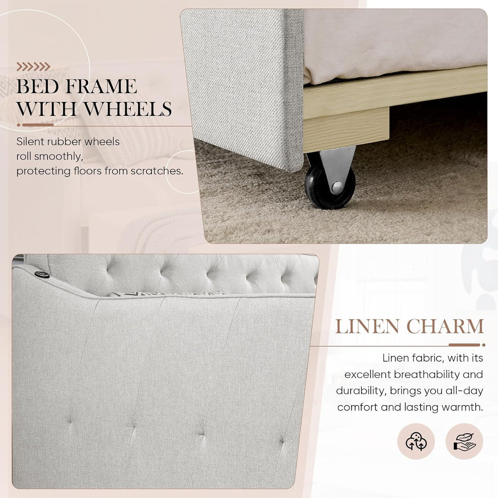 Antetek Daybed with Pop up Trundle, Fabric Upholstered Twin Size Day Bed Pull-Point Sofa Daybed Frame w/Twin Roll-Out Trundle/USB Port, Furniture for Bedroom, Living Room, Guest Room, Beige