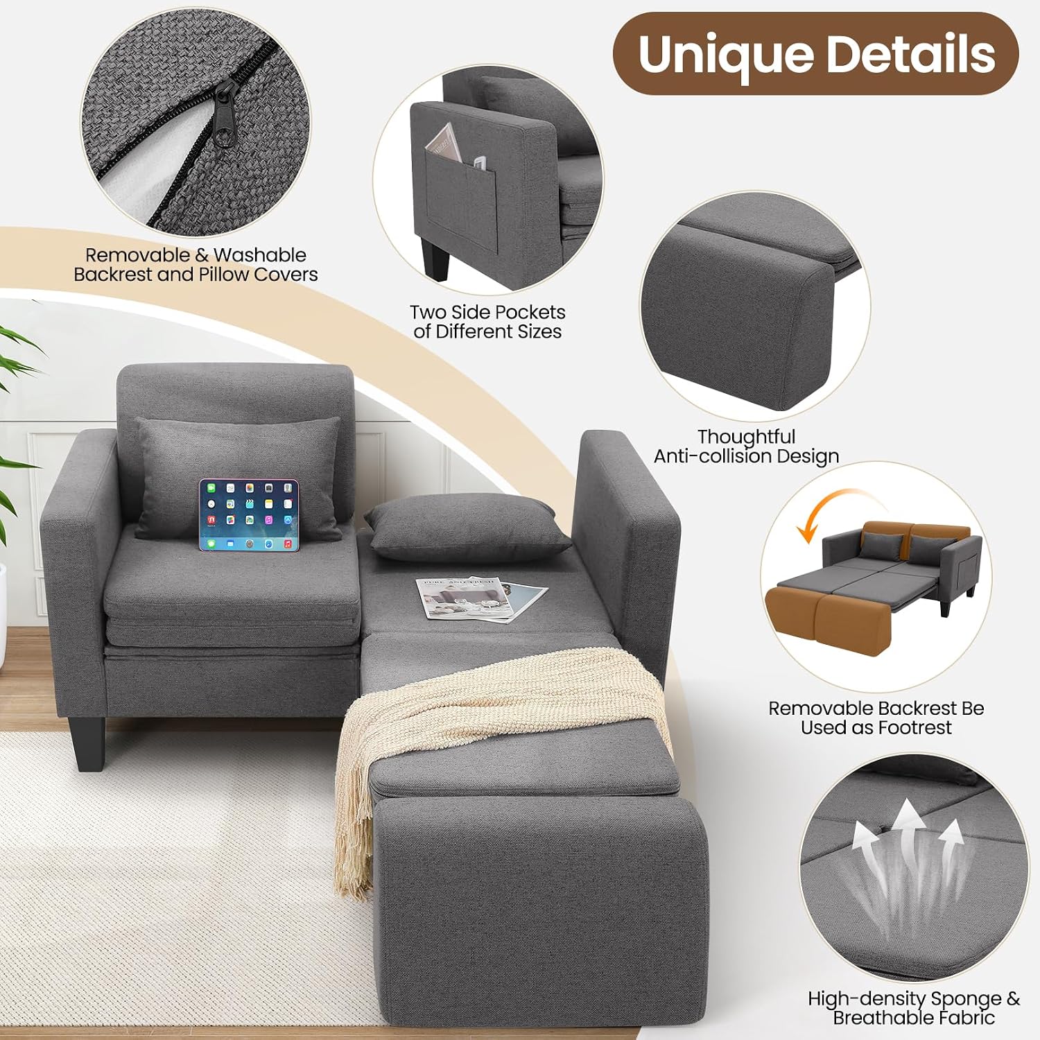 SEJOV 6-in-1 Convertible Sofa Bed, 58' Loveseat Sleeper Sofas with Pull Out Couch Bed, Removable Backrest, Storage Pockets and 2 Pillows, Modern Folding Linen Futon Couch for Small Spaces, Gray