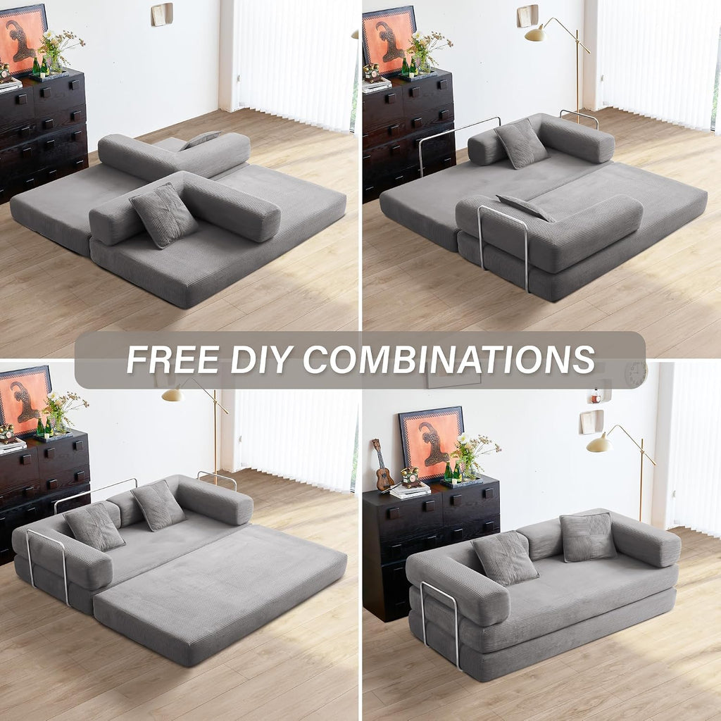 YINIX Foldable Sofa Bed, 78'' Folding Floor Couch, Compressed Convertable Sleeper Sofa, Memory Foam Couch with Pillow Back Support Armrest, 4-in-1 Futon Sofa Bed for Living Room, Grey