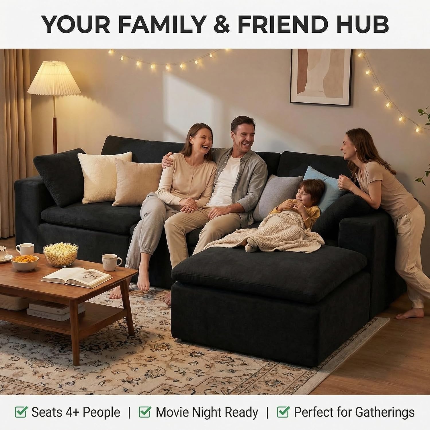 106' Boneless Cloud Couch, L Shaped Modular Sectional Couch, Memory Foam Living Room Sofa in a Box, Chenille Fabric No Assembly Required, Modern Luxury Oversized Plush Double-Layer Cushion
