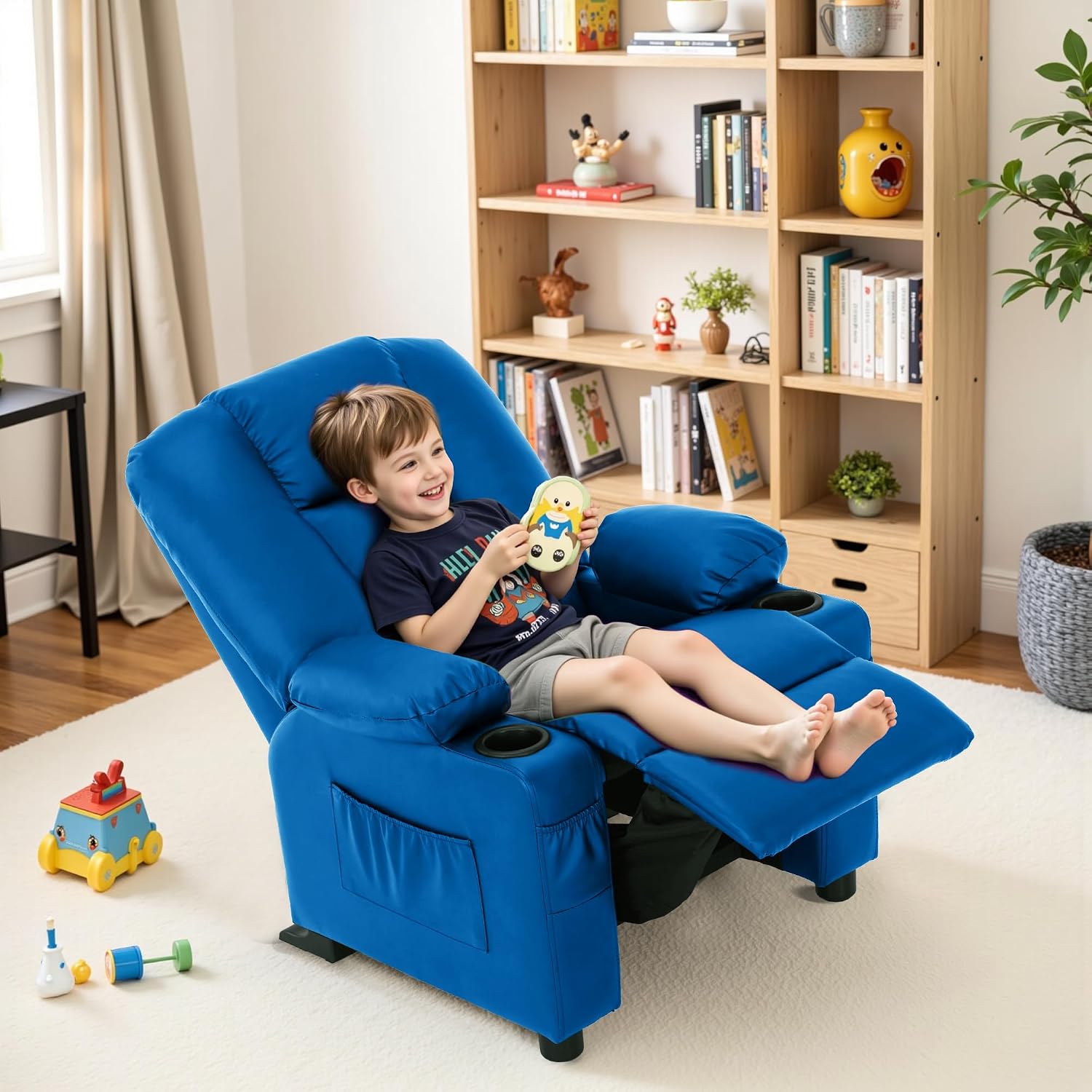 MCombo Big Kids Recliner for Ages 3+, Child Recliner Chair, Toddlers Recliner Sofa with Cup Holders, Faux Leather, 7322(Blue)