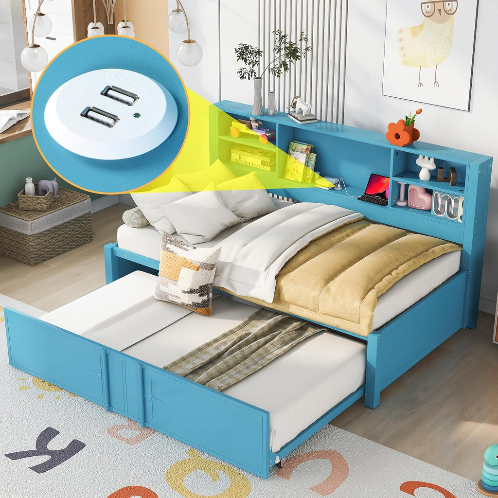 Harper & Bright Designs Twin Bed with Trundle and Storage Bookcase, USB Ports, Solid Wood Platform Bed Frame Twin Size Daybed Sofa Bed for Bedroom Living Room (Twin Size, Blue)