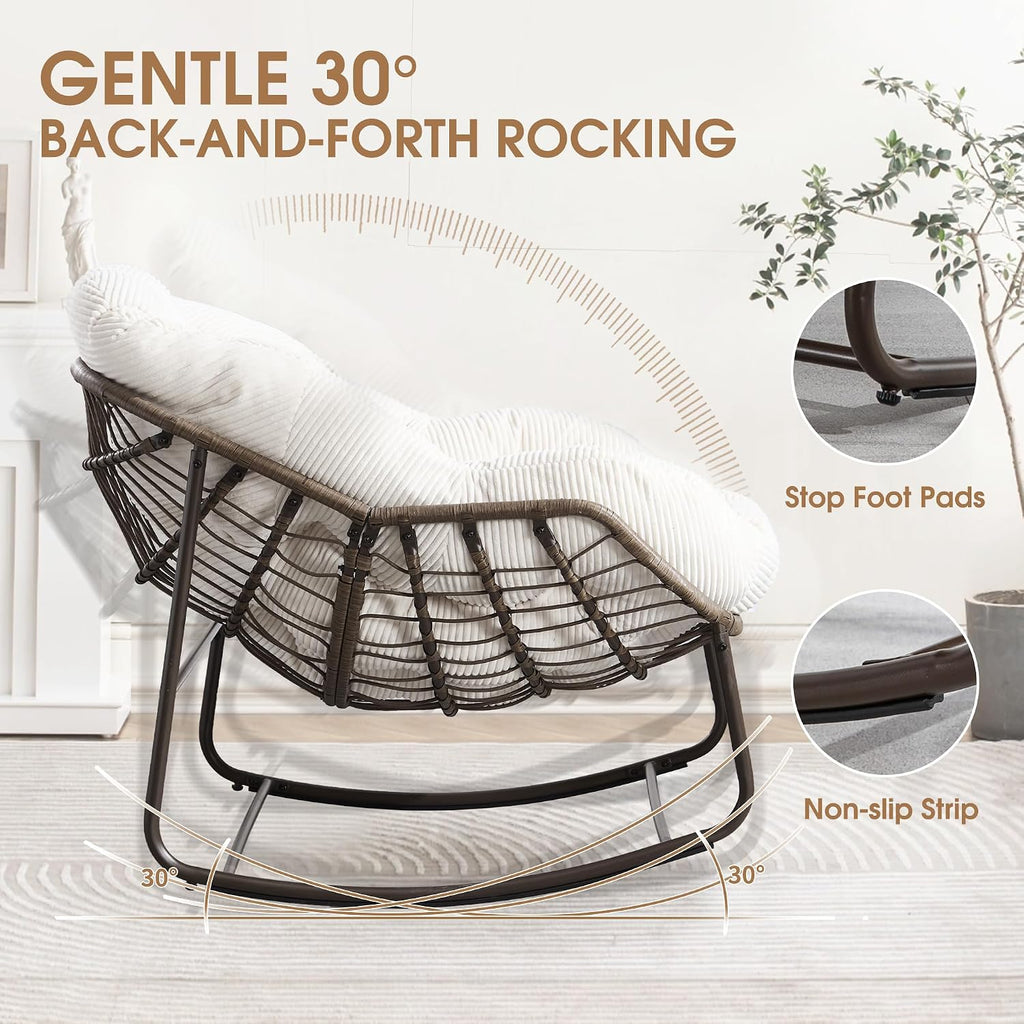 Oversized Papasan Rocking Chair - Outdoor Luxury Comfy Patio Chair Set of 2, Indoor Egg Royal Rattan Rocking Chair with Strip Velvet Cushion for Porch Lounge Bedroom Living Room (White)