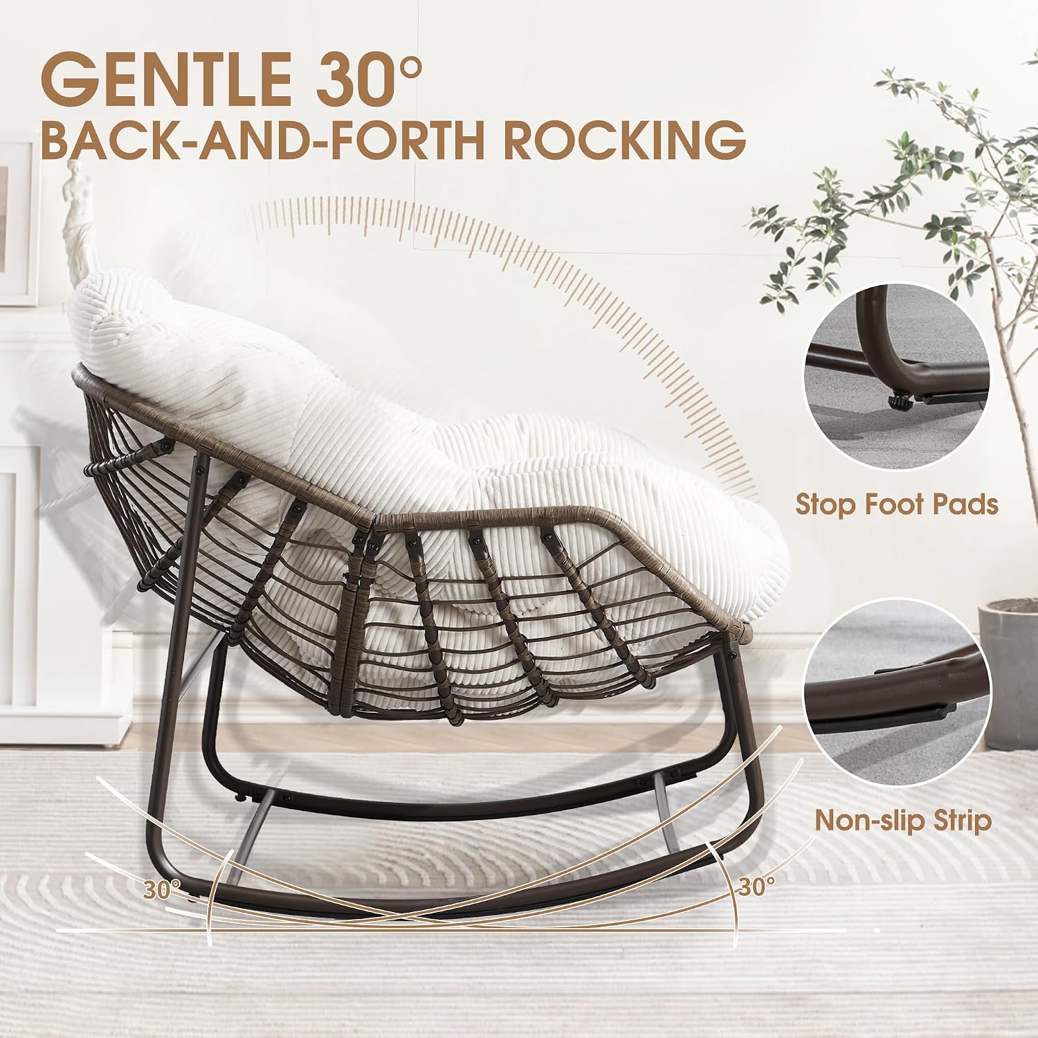 Oversized Papasan Rocking Chair - Outdoor Luxury Comfy Patio Chair Set of 2, Indoor Egg Royal Rattan Rocking Chair with Strip Velvet Cushion for Porch Lounge Bedroom Living Room (White)
