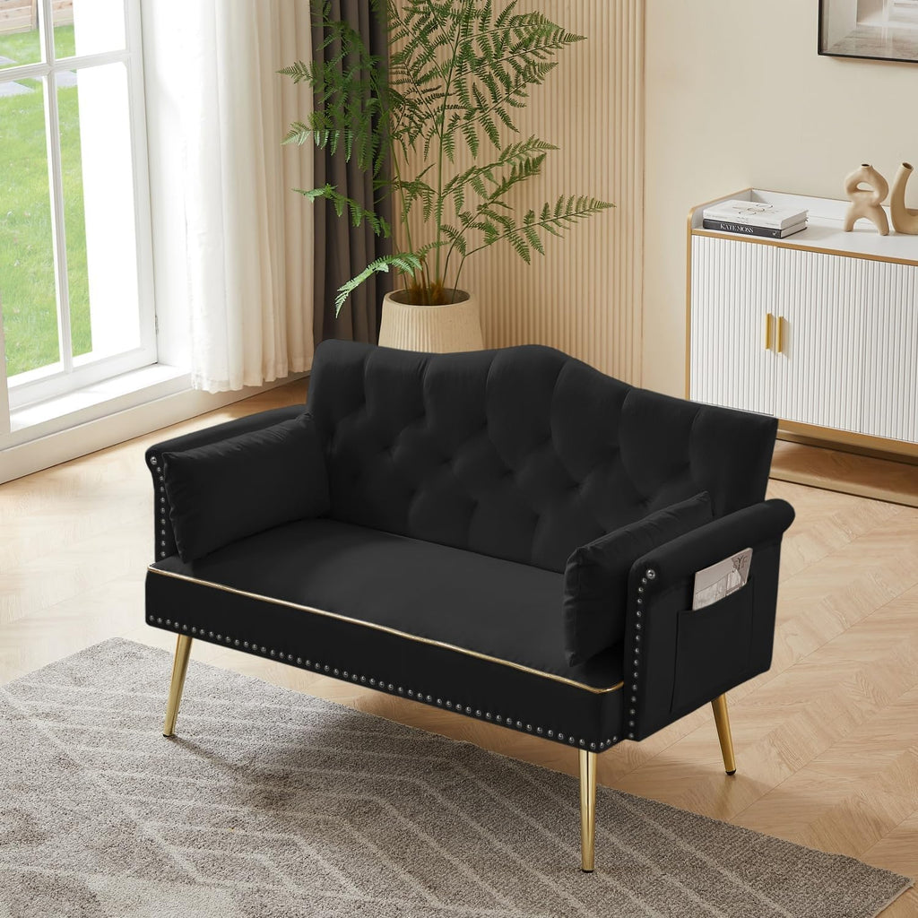 oaaktu Small Velvet Loveseat Sofa with Gold Metal Legs,55-inch Modern Sofa Couch with 2 Side Pockets,Couch with Tufted Backrest for Living Room Bedroom Office (Black)