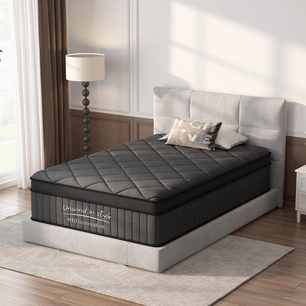 Mattress Twin Size 10 Inch, Mattress with Gel Memory Foam and Pocket Springs, Euro Top Medium Firm, Black