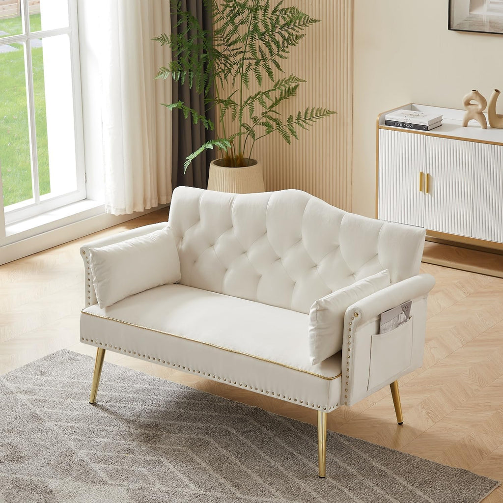 oaaktu Small Velvet Loveseat Sofa with Gold Metal Legs,55-inch Modern Sofa Couch with 2 Side Pockets,Couch with Tufted Backrest for Living Room Bedroom Office (Beige)