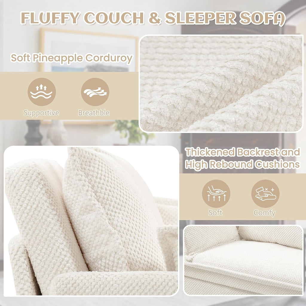 SUNWAVE 74' Pull Out Sofa Bed - Convertible Sleeper Sofa Bed, Corduroy Loveseat Pull Out Couch with USB Charging, Side Pockets for Living Room, Bedroom, Small Spaces (Cream, 74')