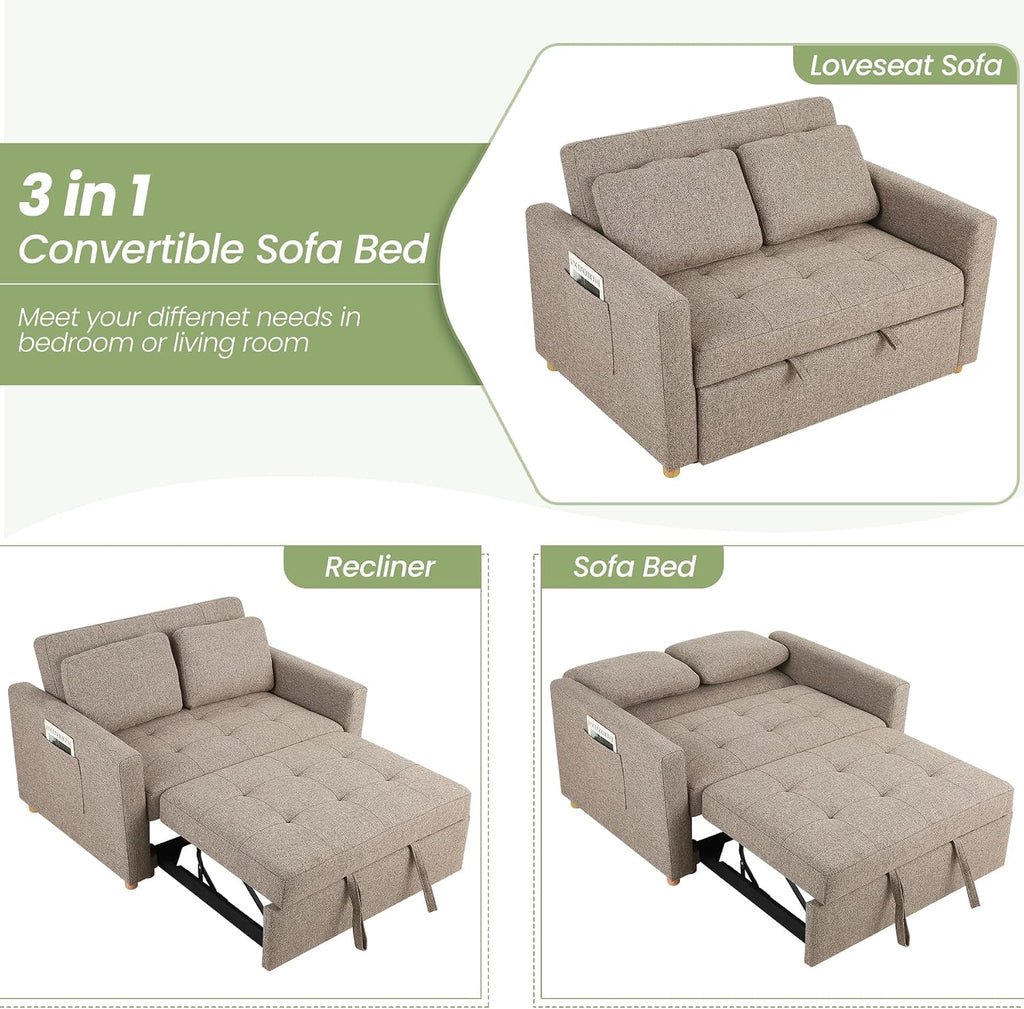 SEJOV 3-in-1 Convertible Sofa Bed, Linen Fabric Sleeper Couch Pull Out Bed, 49' 2-Seater Loveseat Futon Sofa with Spring Support, Adjustable Backrest and Pillows for Small Spaces, Living Room