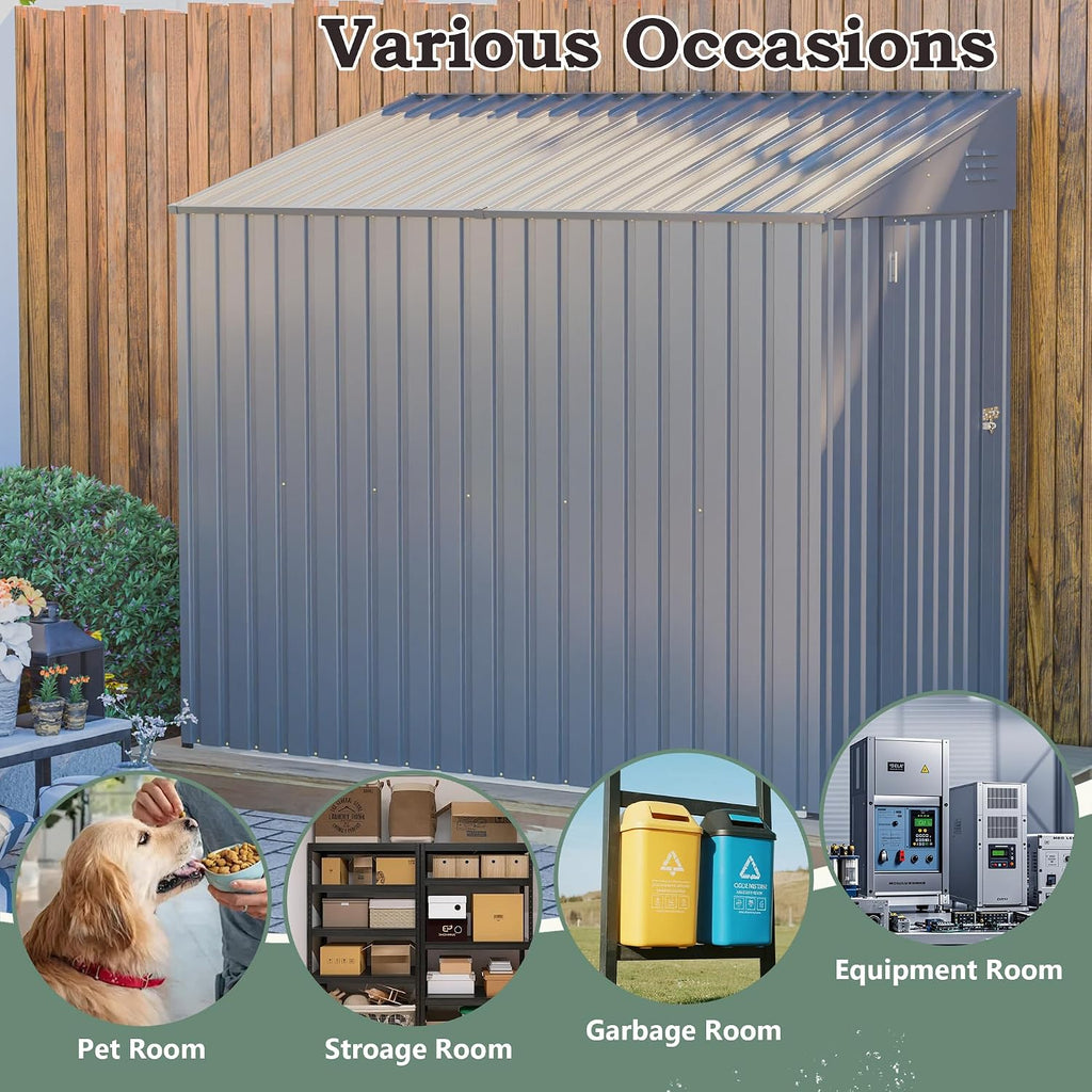 4x7 FT Lean-to Metal Storage Shed with Single Lockable Side Door, Sloping Roof Galvanized Steel Outdoor Tool Shed for Garden, Patio & Backyard Storage