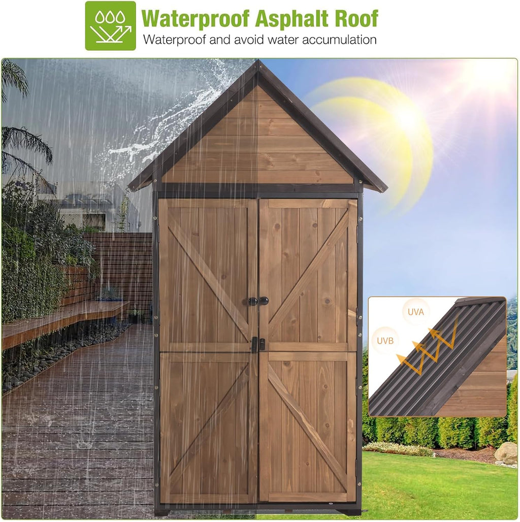 GUTINNEEN Outdoor Storage Shed with All Around Strong Metal Frame, Garden Tool Sheds Cabinet with Floor & Adjustable Shelves, Wooden Tool House for Backyard Garden Patio Lawn 67.1' H (Dark Brown)