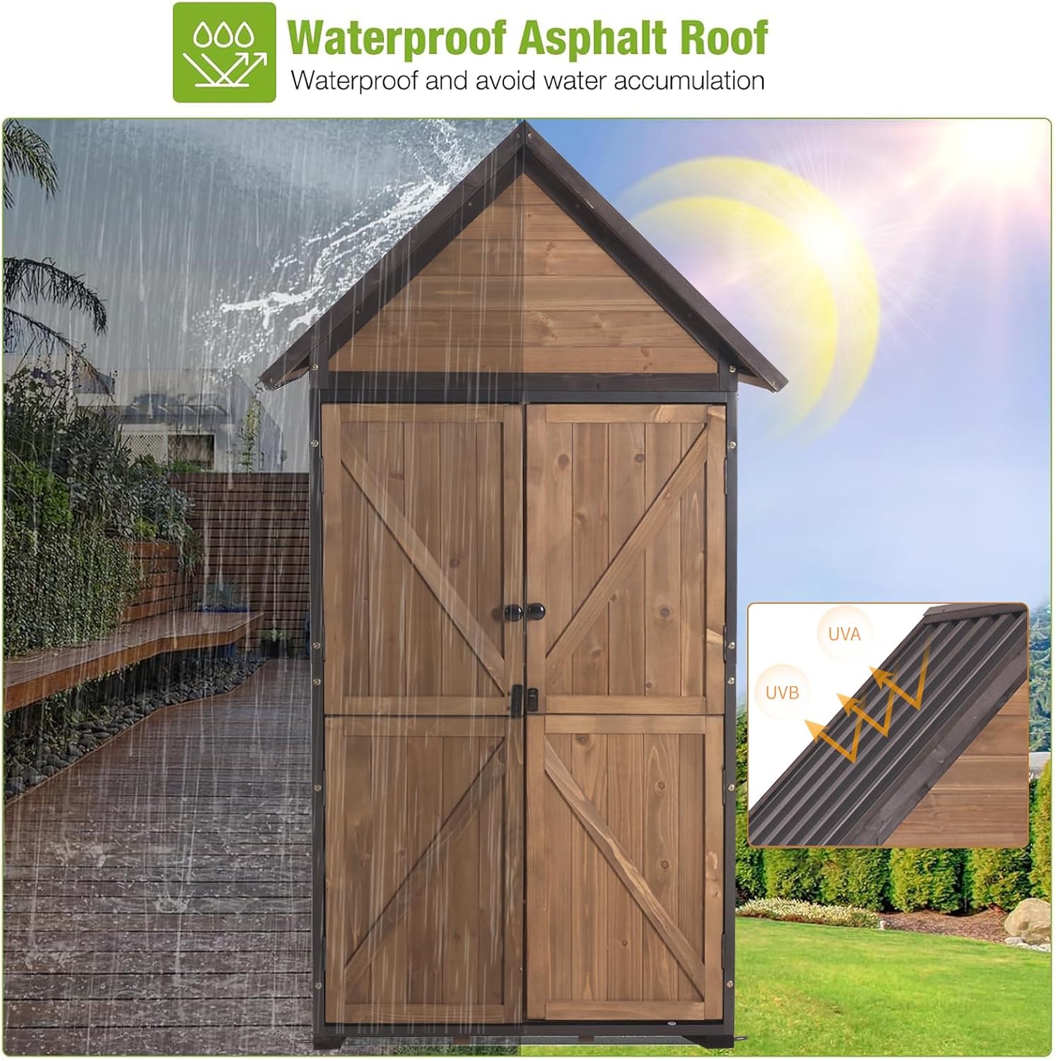 GUTINNEEN Outdoor Storage Shed with All Around Strong Metal Frame, Garden Tool Sheds Cabinet with Floor & Adjustable Shelves, Wooden Tool House for Backyard Garden Patio Lawn 67.1' H (Dark Brown)