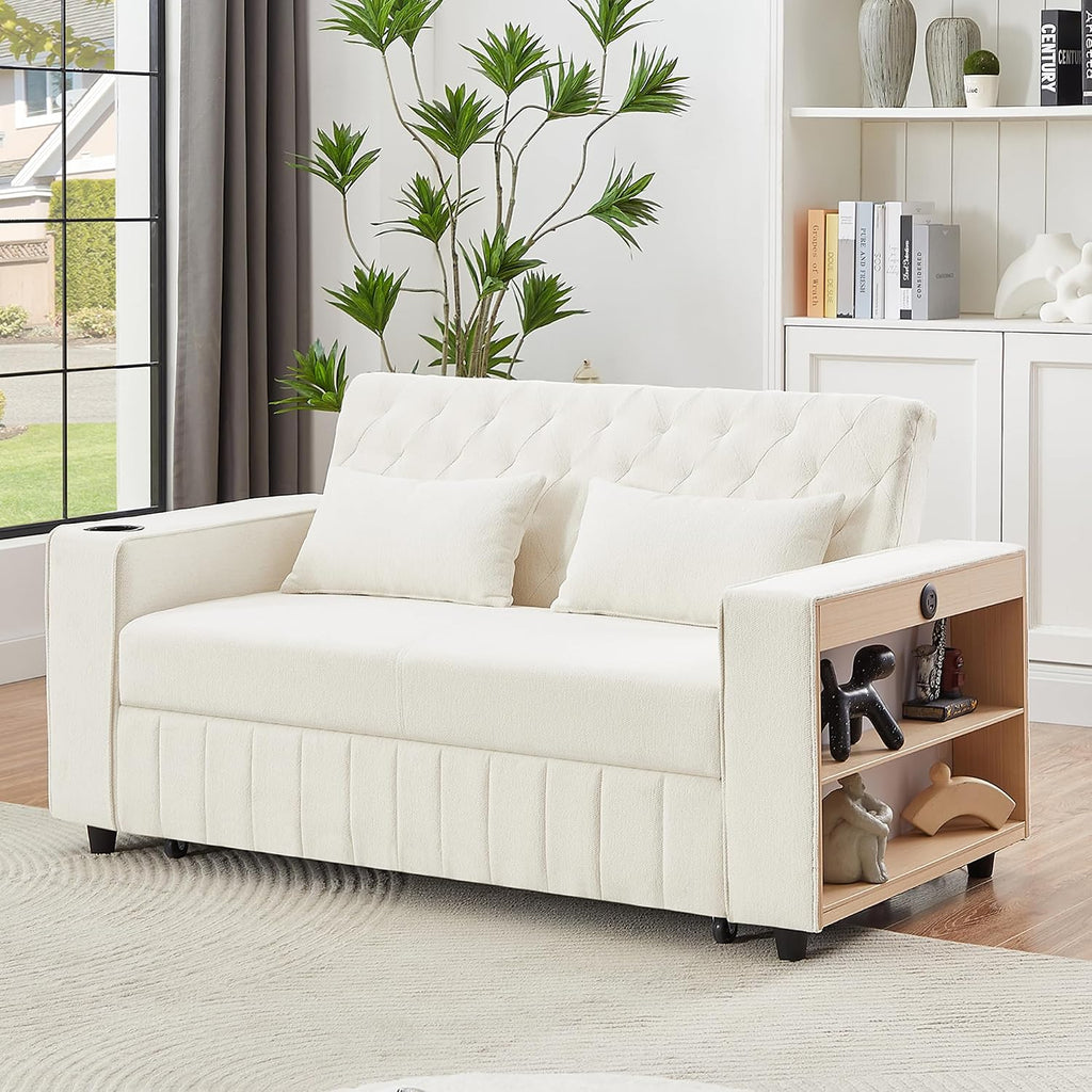 Merax Pull-Out Sleeper Sofa Bed with Reversible Backrest and Storage Shelves, 3 in 1 Foton Couch with USB Ports & Phone Holder, Chenille Loveseat with Pillows for Living Room, Beige