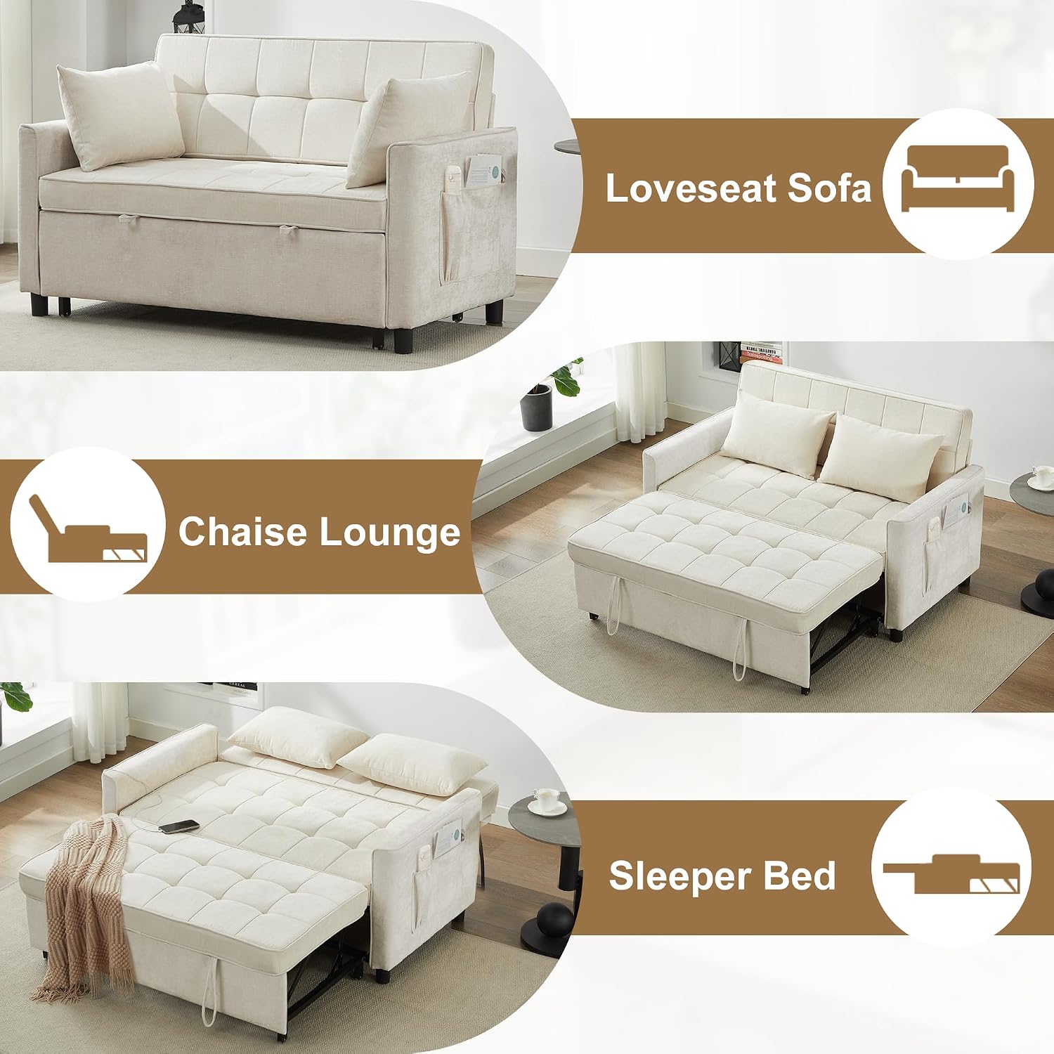 Tbfit 57' Convertible Sofa Bed, Chenille Futon Sleeper Sofa Couch with Pullout Bed, USB & Adjustable Backrest, Full Size Pull Out Loveseat Couches for Living Room, Apartment, Office, Dorm, Beige