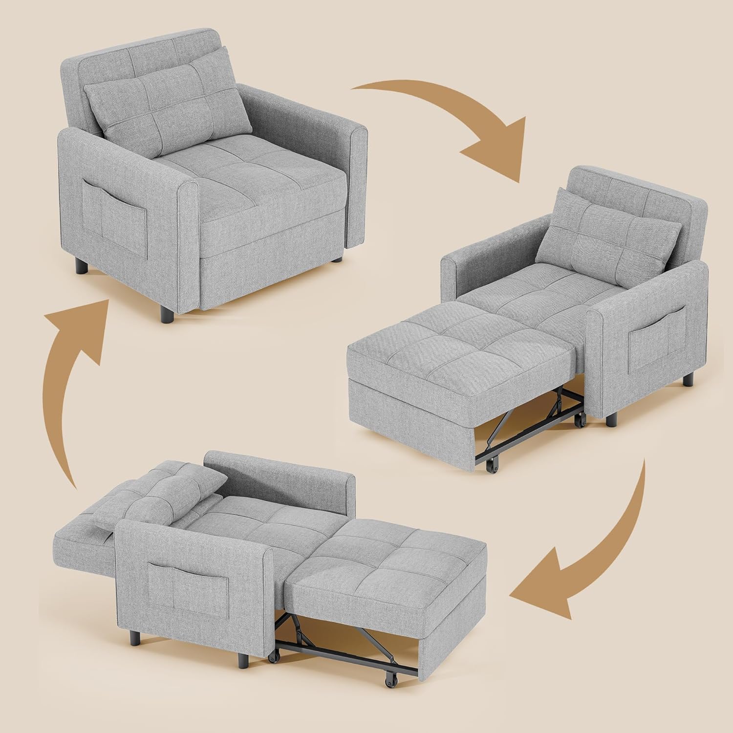 Gizoon Sofa Bed Chair 3 in 1 Convertible, Pullout Single Sleeper Chair Bed with Adjustable Backrest, Spacious Multifunctional Sofa Couches for Living Room, Bedroom, Apartment