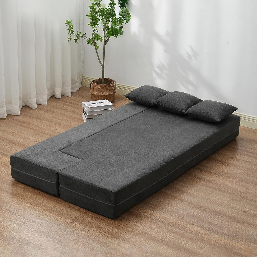 VEVOR Folding Sofa Bed, 3-in-1 Foldable Couch Bed with 3 Pillows and Washable Cover, 25D High Density Memory Foam Convertible Sleeper Chair Bed, Futon Couch, Dark Grey(Twin XL)
