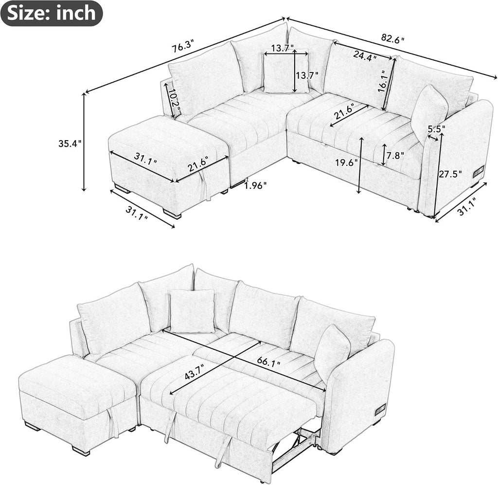 LUMISOL 82.6' Convertible Sleeper Sofa Bed with Storage Ottoman, L-Shaped Sectional Sofa with Charging Stations, Pull Out Sofa Couch with Chaise for Living Room, Apartment, Beige