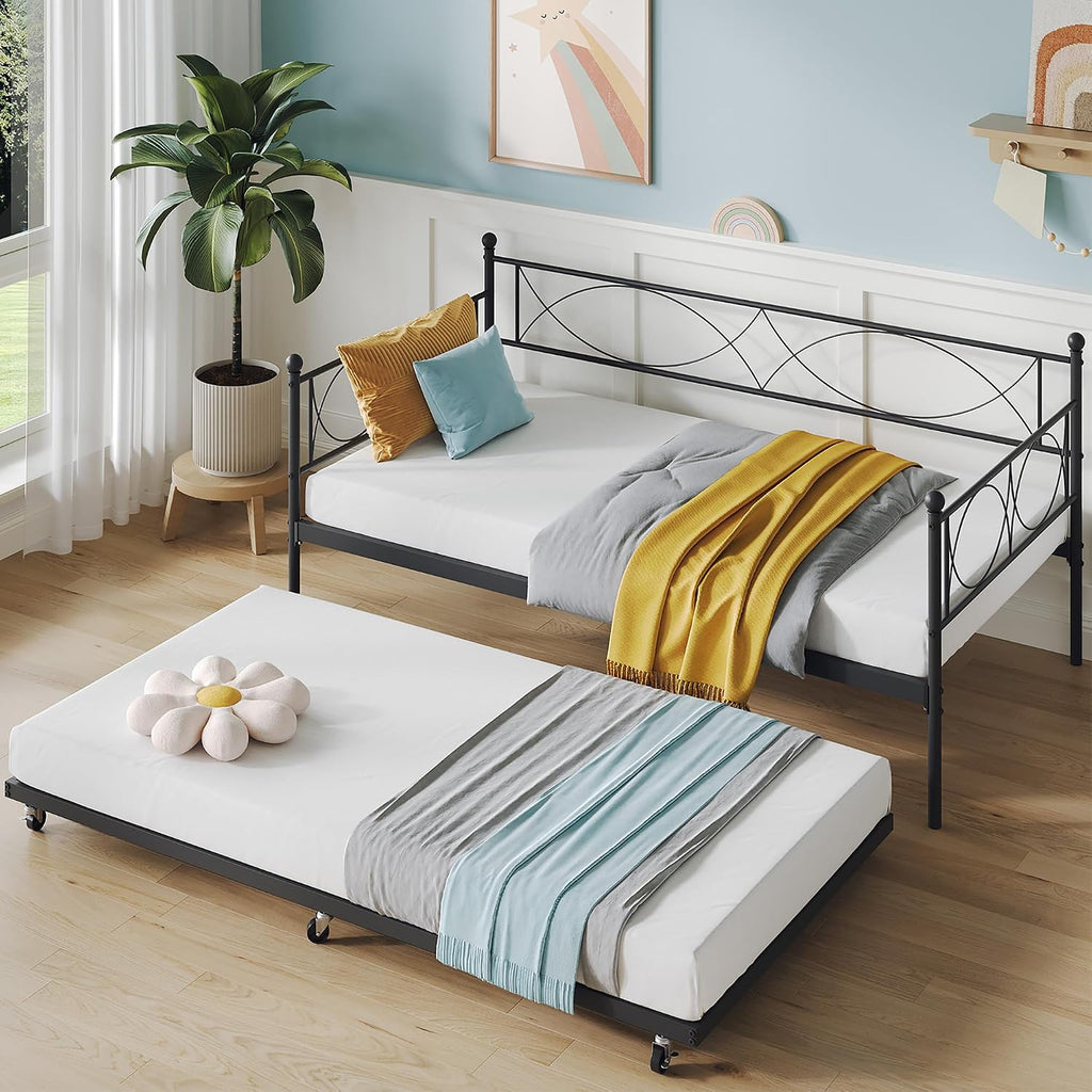IDEALHOUSE Twin daybed with Trundle, Metal Twin Daybed and Trundle Set, Day Bed Sofa Bed Frame with Steel Slat Support, Multifunctional Daybed Frame for Bedroom (Modern - Black)