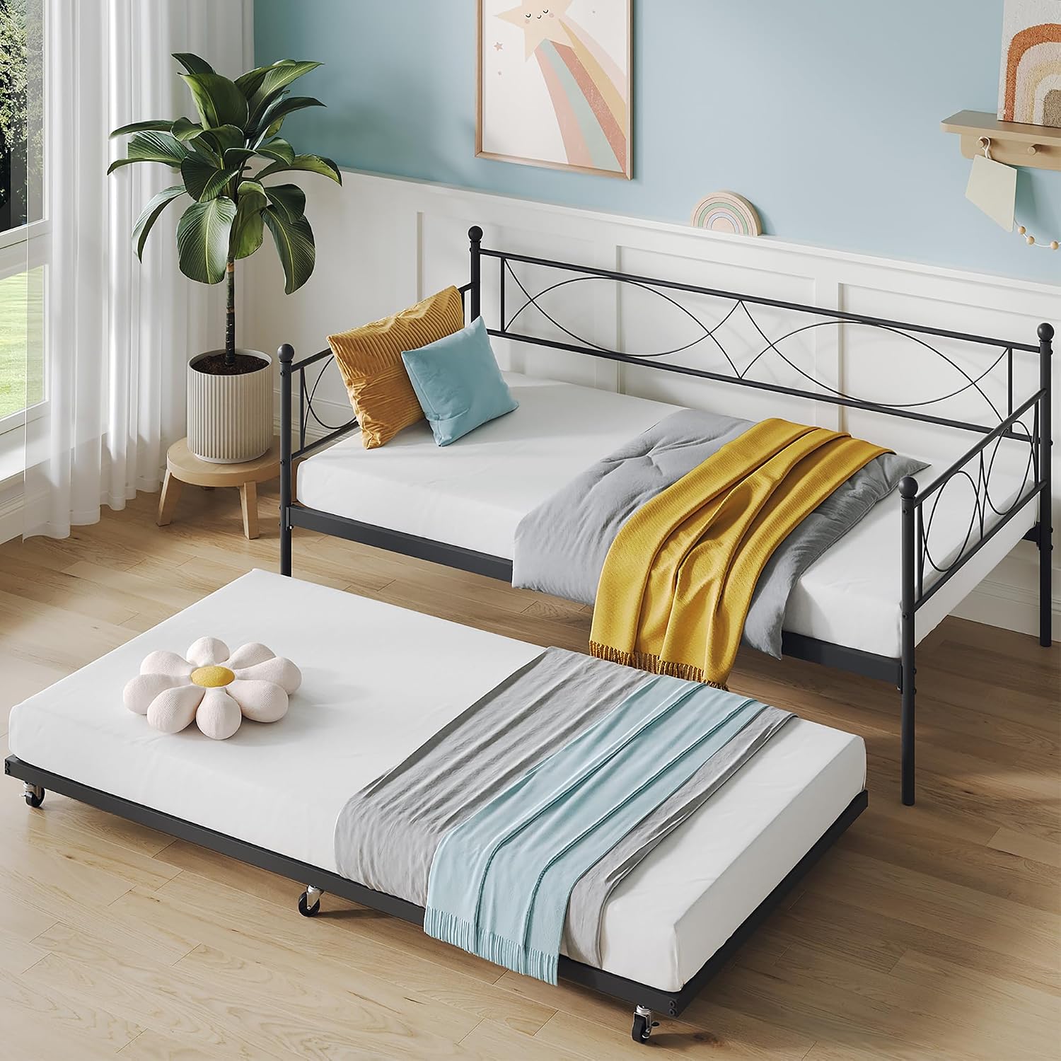 IDEALHOUSE Twin daybed with Trundle, Metal Twin Daybed and Trundle Set, Day Bed Sofa Bed Frame with Steel Slat Support, Multifunctional Daybed Frame for Bedroom (Modern - Black)