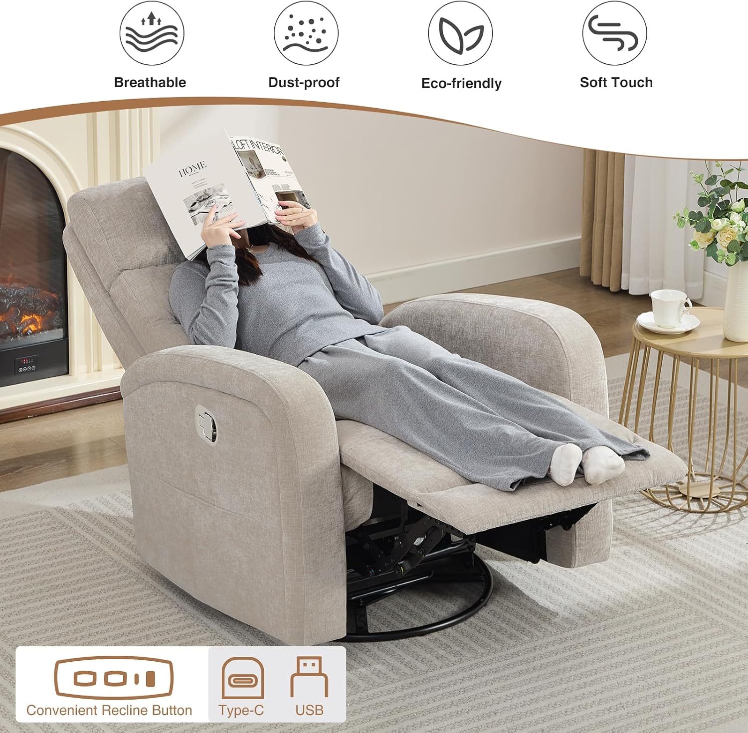 Swivel Rocker Recliner, 360° Swivel Nursery Glider Recliner, Rocking Recliner Chairs with Pockets and Large Arms for Living Room, Manual Chenille Camel
