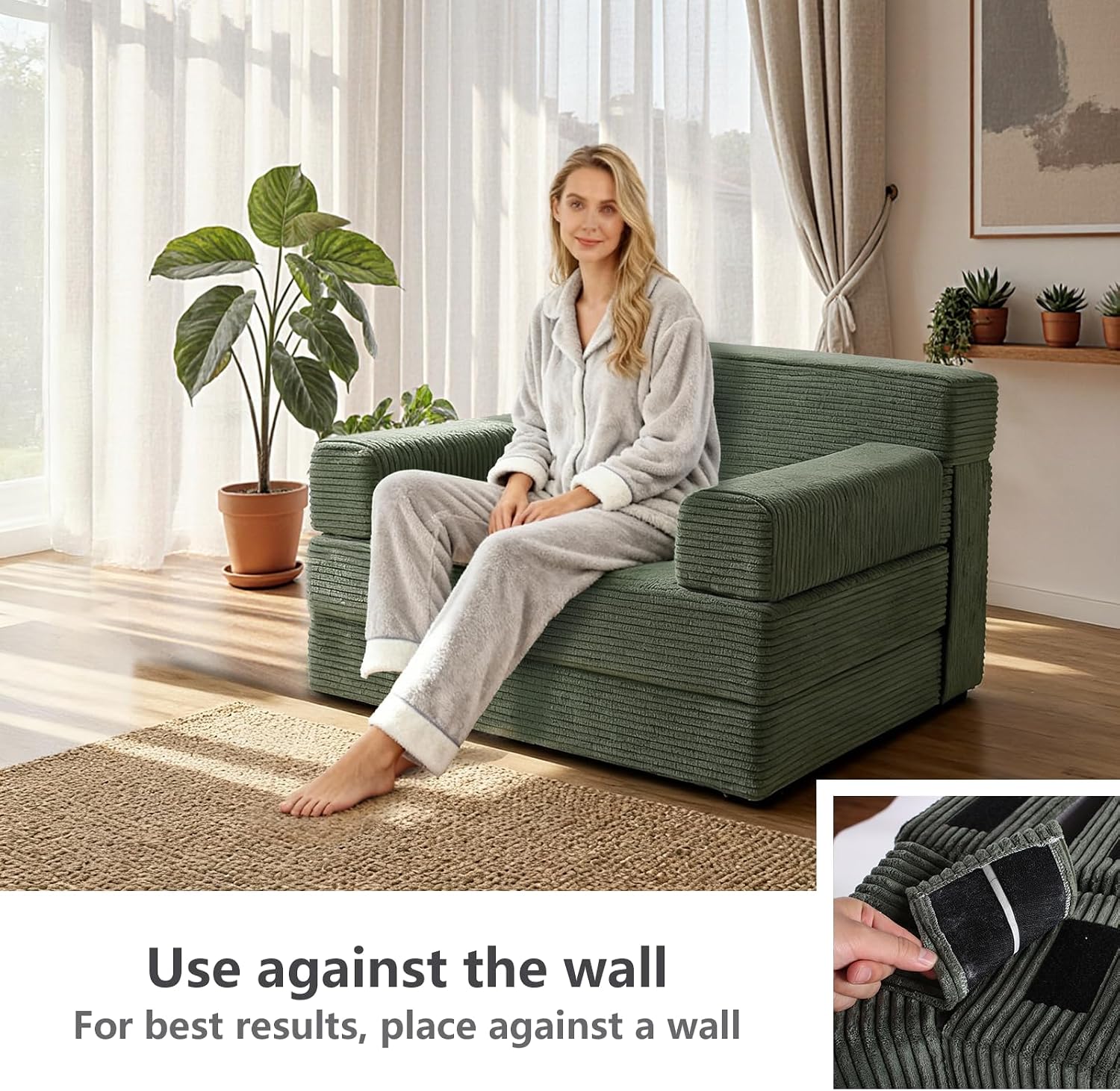 YEPDIN Folding Sofa Bed,Convertible Sofa Bed with Armrest Foldable Sleeper Chair, Portable Folding 4-in-1 Floor Sofa with Convertible Lounge Chair for Living Room,Bedroom,Washable Cover,Green Single