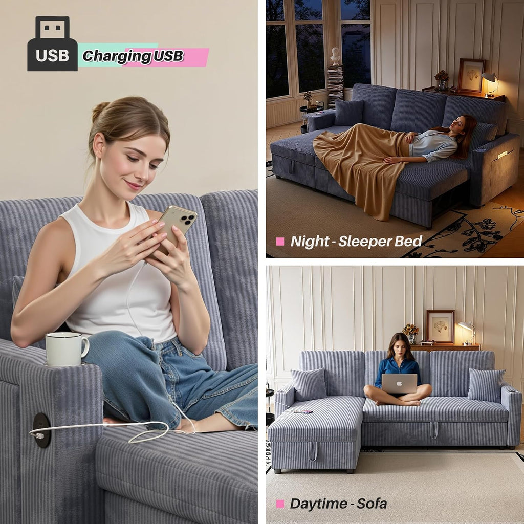 Sleeper Sectional Sofa, 83' Convertible Sofa Bed with Pull Out Couches, Small Desktop, L Shaped Couch with Reversible Chaise, Cup Holders, USB, Modern Corduroy Sofas for Living Room Apartment, Grey